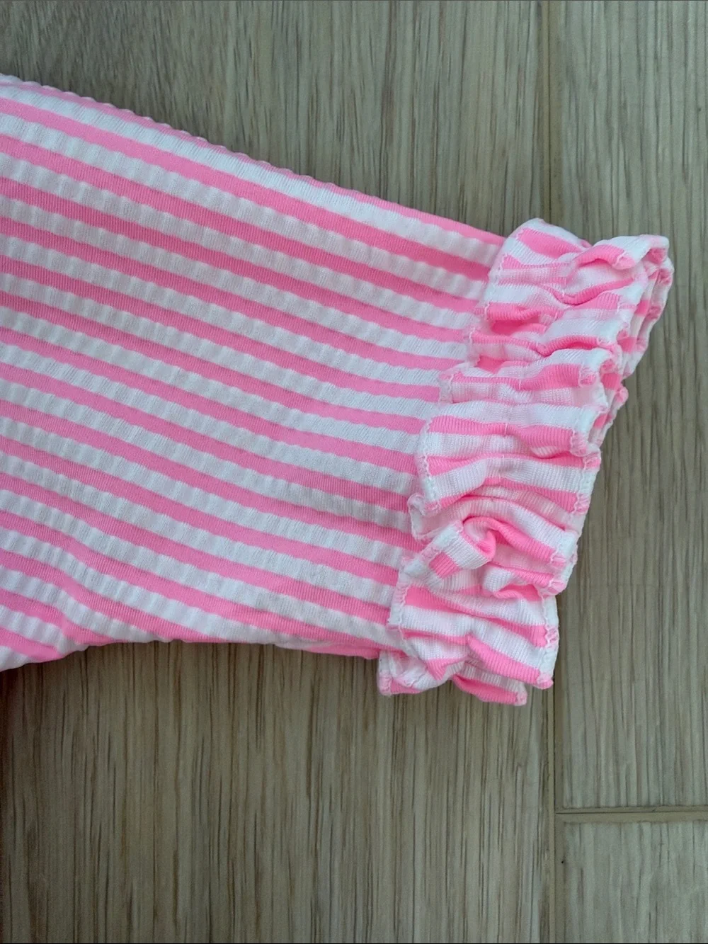 RuffleButts Neon Pink & White Striped Seersucker Rash Guard Swim Set 18-24M
